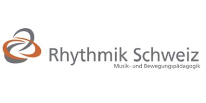 Logo in Grau und Orange "Rhythmik Schweiz – Musik- und Bewegungspädagogik"