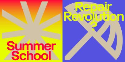 Eine Grafik die in der Mitte geteilt ist. Link: Warme Farben (Gelb- und Rottöne) und eine abstrakte Sonne, darüber steht Summer School. Rechts: dunkler Blauton mit einer Grafik eines Sonnenschirms, in Gelb steht der Titel der Veranstaltung.